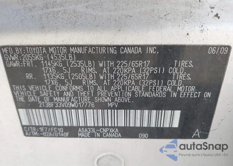 2009 Toyota Rav4 z USA, uszkodzony, nr VIN 2T3BF33V09W017776